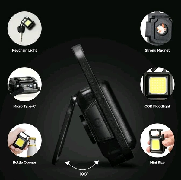 LED Mini Cob Keychain And Magentic Flashlight Portable USB Rechargeable Light 3 Light Modes With Folding Bracket,For Walking Camping?Square?,Black, 1000 Lumen