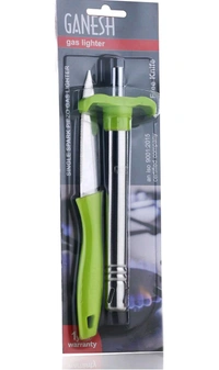 Gas Lighter With Free Knife For Kitchen Use Restaurants Metal Gas Stove Lighter Regular Size Easy Grip, Silver