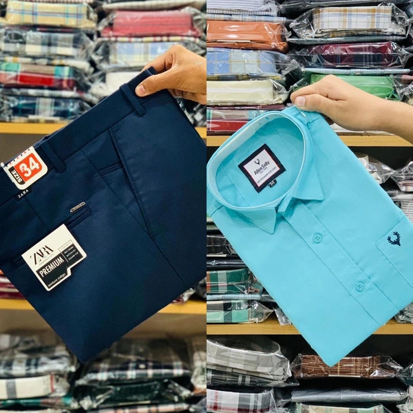 Z ar a Formal Trouser With Allen Plain Shirt - M-38, M-30, Navy/Skyblue