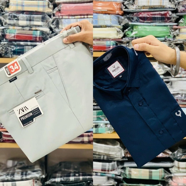 Z ar a Formal Trouser With Allen Plain Shirt - L-40, L-32, Grey/Navy
