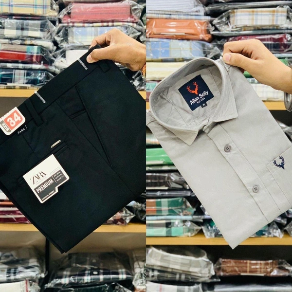 Z ar a Formal Trouser With Allen Plain Shirt - L-40, L-32, Black/Grey