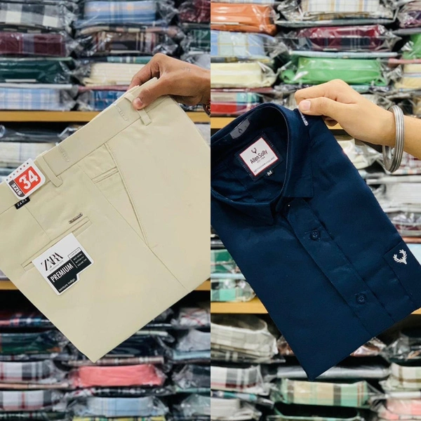 Z ar a Formal Trouser With Allen Plain Shirt - M-38, M-30, Cream/Navy