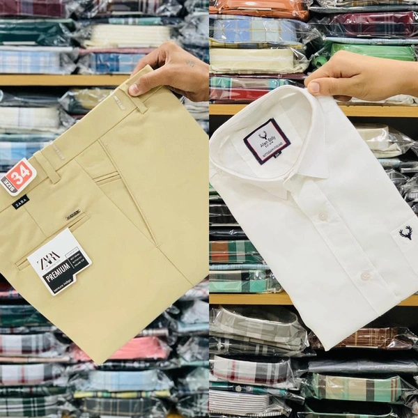 Z ar a Formal Trouser With Allen Plain Shirt - M-38, M-30, Beige/White