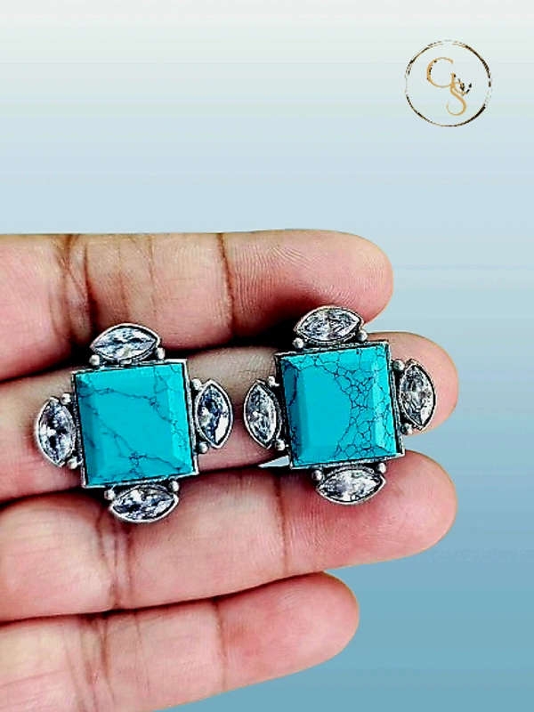 GlimSilk Gemstone Elegance Stud (E-0015B) - Cyan Aqua