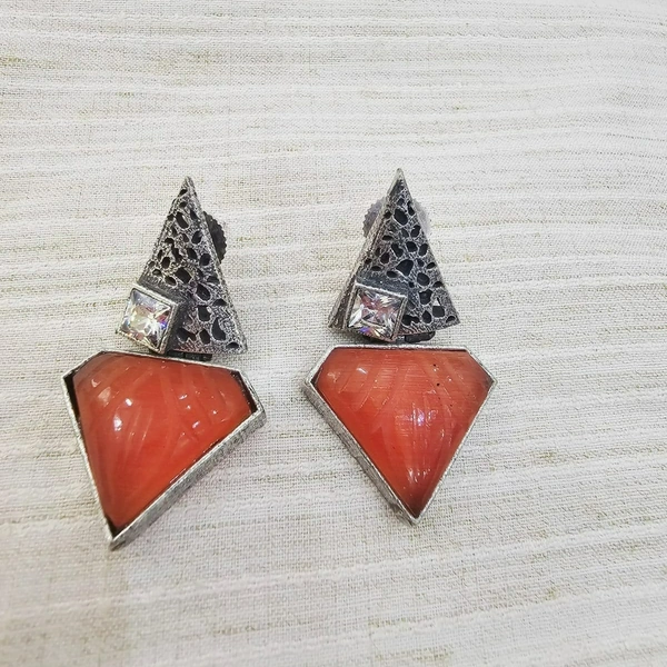 GlimSilk Pentagon Grace Carved Earrings - Red Orange