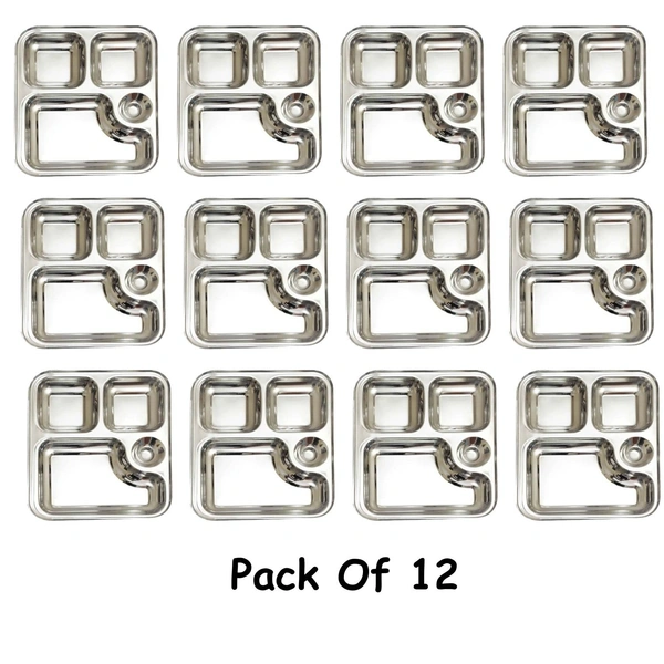 CutTales (Pack Of 12) Stainless Steel Multipurpose 4 Compartment Everyday Dinner Plates For Kids and Family Members | Size 23X23 CM | Gifting Plates - L 23 X W 23 X H 3, Silver, Pack Of 12