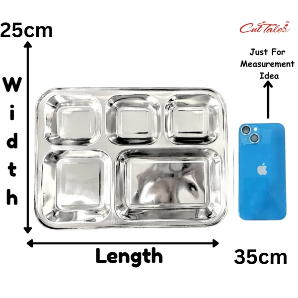 CutTales “CutTales” Premium Stainless Steel 5 Section Square Plate Set of 6, BPA Free Non-Toxic Plates, Dishwasher Safe Plates, - L-35 X W-25 X H-3, Silver, Set Of 6