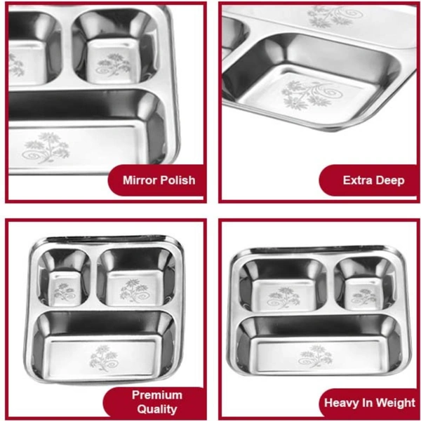CutTales “CutTales” Set of 7 Stainless Steel 3 Section Pav Bhaji Dinner Thali Dinner Plates Set of 7, Dishwasher Safe, BPA Free - Silver, Pack Of 7