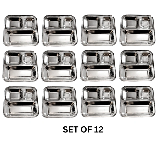 CutTales “CutTales” Set of 12 Stainless Steel 3 Section Pav Bhaji Dinner Thali Plates Set of 12, Dishwasher Safe , BPA Free - Silver, Pack Of 12