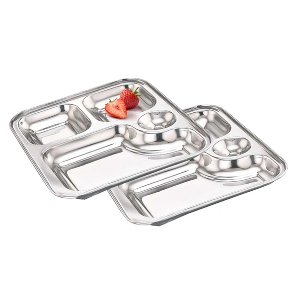 CutTales (Pack Of 2) Stainless Steel Multipurpose 4 Compartment Everyday Dinner Plates For Kids and Family Members | Size 23X23 CM | Gifting Plates - L 23 X W 23 X H 3, Silver, Pack Of 2