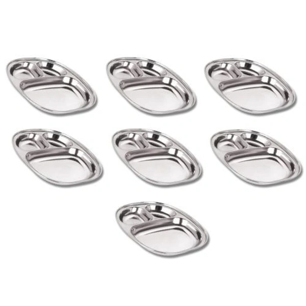CutTales Pack of 7 Stainless Steel 3 Compartment Dinner Plate Set With BPA Free Steel  - Silver, Pack Of 7