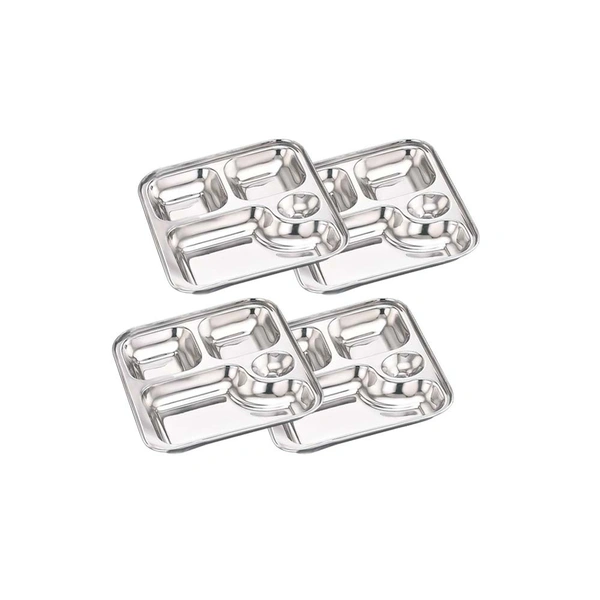 CutTales (Pack Of 4) Stainless Steel Multipurpose 4 Compartment Everyday Dinner Plates For Kids and Family Members | Size 23X23 CM | Gifting Plates - L 23 X W 23 X H 3, Silver, Pack Of 4