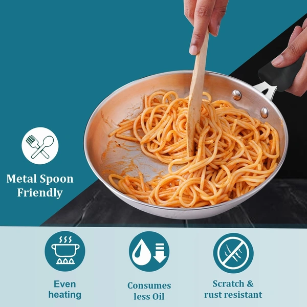 CutTales Tri-Ply Stainless Steel Fry Pan | Heavy Bottom Kadhai for Indian Cooking | Induction & Gas Compatible Deep Frying Cookware (Set of 1, Silver, Size -20) - Size 26
