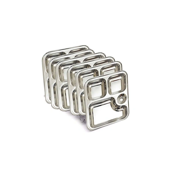 CutTales (Pack Of 6) Stainless Steel Multipurpose 4 Compartment Everyday Dinner Plates For Kids and Family Members | Size 23X23 CM | Gifting Plates - L 23 X W 23 X H 3, Silver, Pack of 6