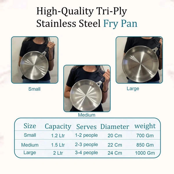 CutTales Tri-Ply Stainless Steel Fry Pan | Heavy Bottom Kadhai for Indian Cooking | Induction & Gas Compatible Deep Frying Cookware (Set of 1, Silver, Size -20) - Size 20
