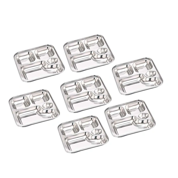 CutTales (Pack Of 7) Stainless Steel Multipurpose 4 Compartment Everyday Dinner Plates For Kids and Family Members | Size 23X23 CM | Gifting Plates - L 23 X W 23 X H 3, Silver, Pack Of 7