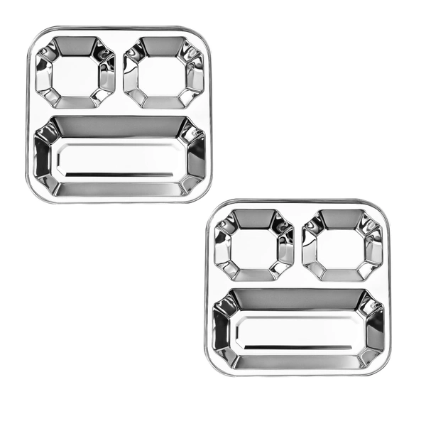 CutTales Stainless Steel Diamond Plate – 3 Compartment Square Dinner & Snack Serving Plate - Pack of 2