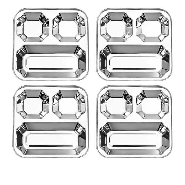 CutTales Stainless Steel Diamond Plate – 3 Compartment Square Dinner & Snack Serving Plate - Pack of 4