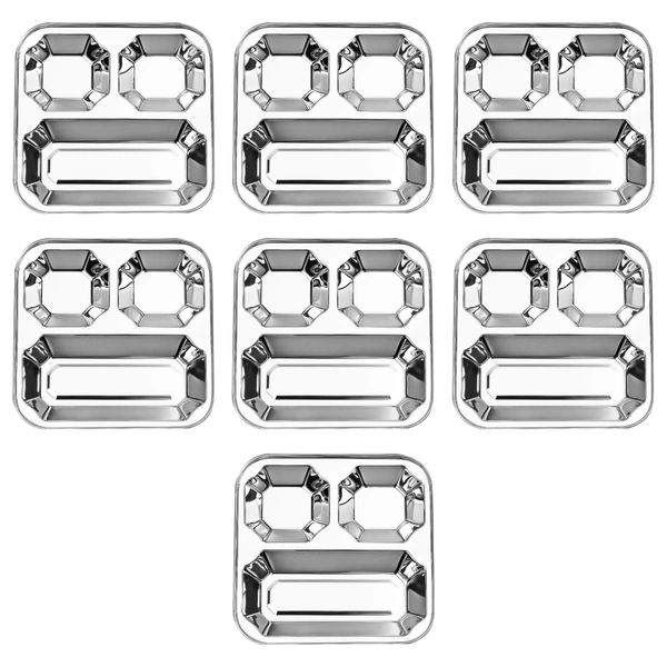 CutTales Stainless Steel Diamond Plate – 3 Compartment Square Dinner & Snack Serving Plate - Pack of 7