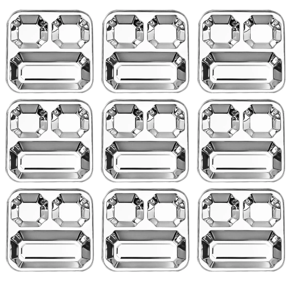 CutTales Stainless Steel Diamond Plate – 3 Compartment Square Dinner & Snack Serving Plate - Pack of 9