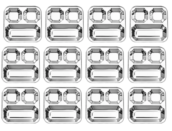 CutTales Stainless Steel Diamond Plate – 3 Compartment Square Dinner & Snack Serving Plate - Pack Of 12