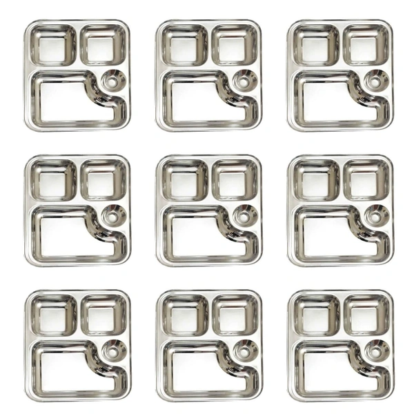 CutTales (Pack Of 9) Stainless Steel Multipurpose 4 Compartment Everyday Dinner Plates For Kids and Family Members | Size 23X23 CM | Gifting Plates - L 23 X W 23 X H 3, Silver, Pack Of 9