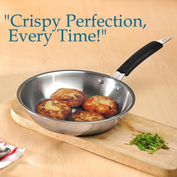 CutTales Tri-Ply Stainless Steel Fry Pan | Heavy Bottom Kadhai for Indian Cooking | Induction & Gas Compatible Deep Frying Cookware (Set of 3, Silver, Size -20,22,24 Cm) - Pack Of 3