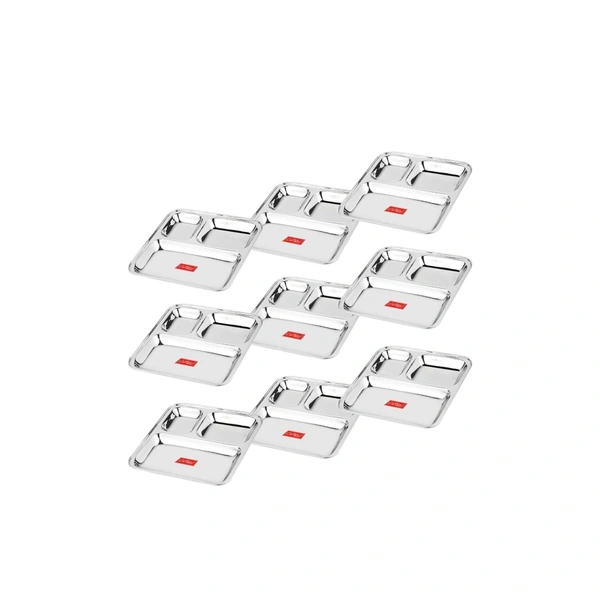 CutTales “CutTales” Set of 9 Stainless Steel 3 Section Pav Bhaji Dinner Thali Dinner Plates Set of 9, Dishwasher Safe, BPA Free - Silver, Pack Of 9