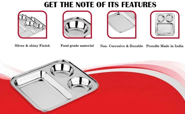 CutTales Stainless Steel 3 Compartment Vatika Plate - Pack Of 7