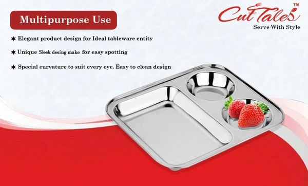 CutTales Stainless Steel 3 Compartment Vatika Plate - Pack Of 7