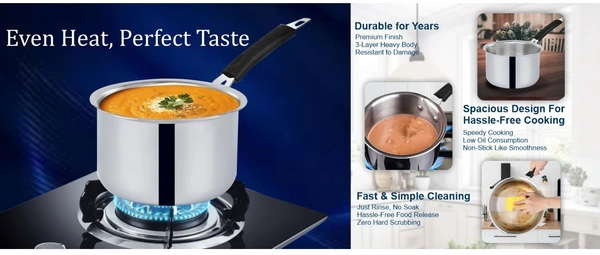 CutTales Stainless Steel try Ply Sauce Pan (Set Of 1, Size 16,18) - Pack Of 2
