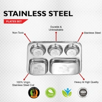 CutTales “CutTales” Premium Stainless Steel 5 Section Plate Set of 2, BPA Free Non-Toxic Plates, Dishwasher Safe Plates, - L-35 X W-25 X H-3, Silver, Pack Of 2