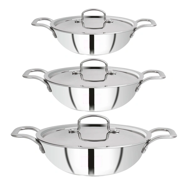 CutTales Pack Of 3, Tri Ply Kadhai Set For Daily Use , Size- 22Cm,24Cm,26Cm - Pack Of 3