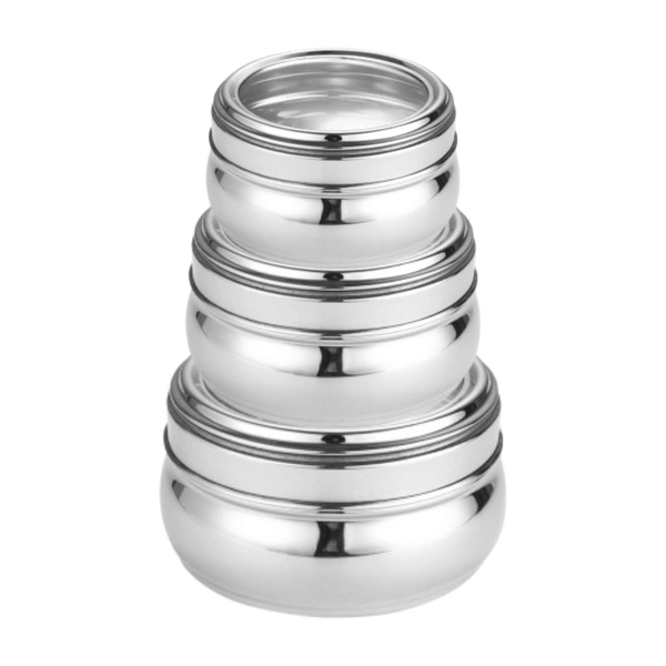 CutTales Heavy Steel Bulged Container Set – Set of 3 | Durable & Rust-Free | Kitchen Must-Have - Silver, Pack Of 3