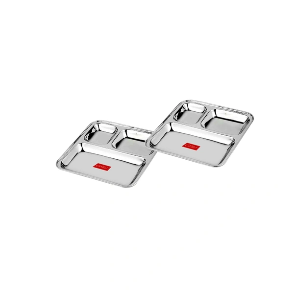 CutTales “CutTales” Set of 2 Stainless Steel 3 Section Pav Bhaji Dinner Thali Plates Set of 2, Dishwasher Safe , BPA Free - Silver, Pack Of 2
