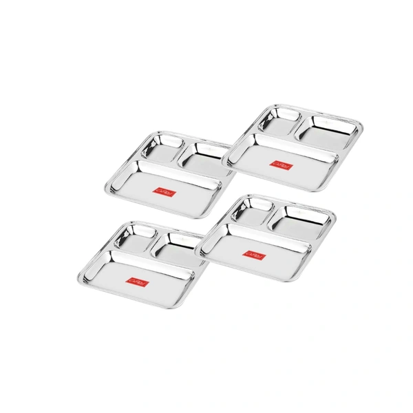 CutTales “CutTales” Set of 4 Stainless Steel 3 Section Pav Bhaji Dinner Thali Dinner Plates Set of 4, Dishwasher Safe, BPA Free - Silver, Pack Of 4