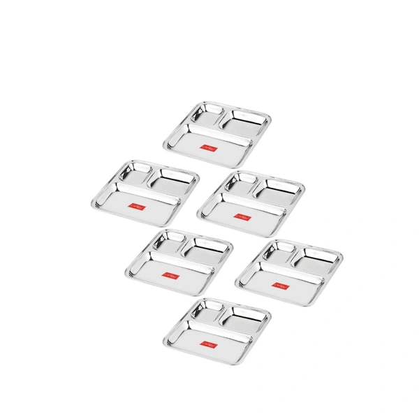 CutTales “CutTales” Set of 6 Stainless Steel 3 Section Pav Bhaji Dinner Thali Dinner Plates Set of 6, Dishwasher Safe, BPA Free - Silver, Pack Of 6