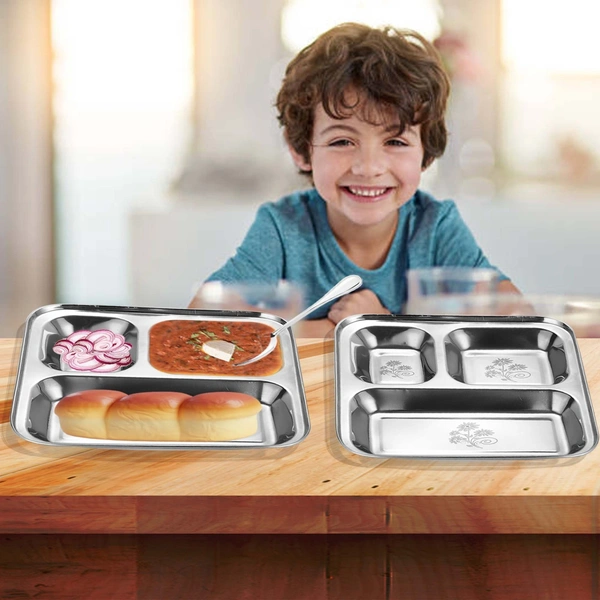 CutTales “CutTales” Set of 7 Stainless Steel 3 Section Pav Bhaji Dinner Thali Dinner Plates Set of 7, Dishwasher Safe, BPA Free - Silver, Pack Of 7