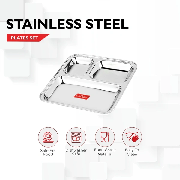 CutTales “CutTales” Set of 7 Stainless Steel 3 Section Pav Bhaji Dinner Thali Dinner Plates Set of 7, Dishwasher Safe, BPA Free - Silver, Pack Of 7