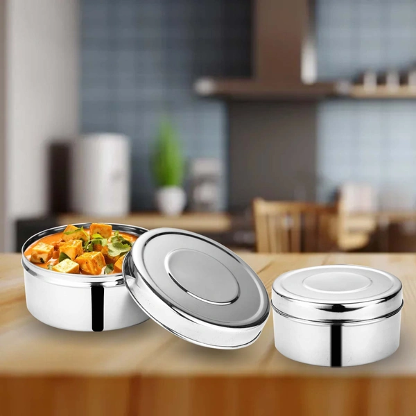CutTales Set of 3 Stainless Steel Plain Round Shape Puri Dabbi Box  - Pack Of 3