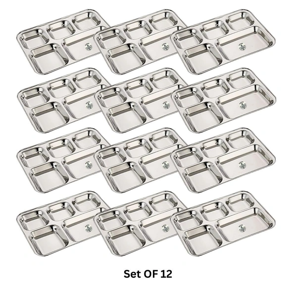 CutTales “CutTales” Premium Stainless Steel 5 Section Square Plate Set of 12, BPA Free Non-Toxic Plates, Dishwasher Safe Plates, - L-35 X W-25 X H-3, Silver, Pack Of 12
