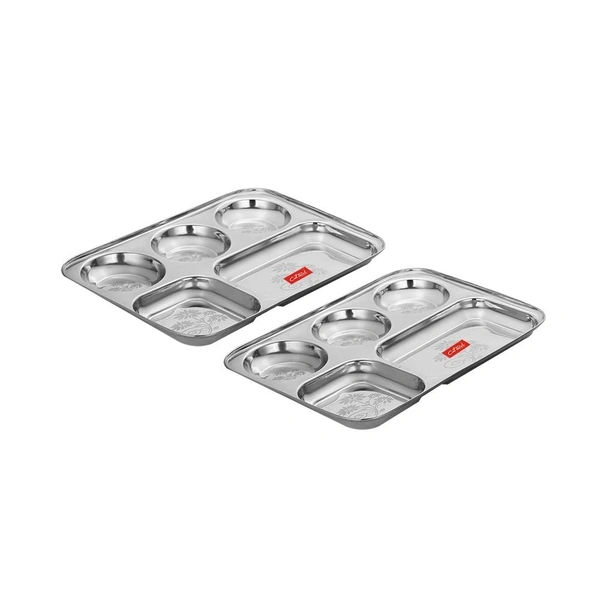 CutTales “CutTales” Premium Stainless Steel 5 Section Plate Set of 2, BPA Free Non-Toxic Plates, Dishwasher Safe Plates, - L-35 X W-25 X H-3, Silver, Pack Of 2