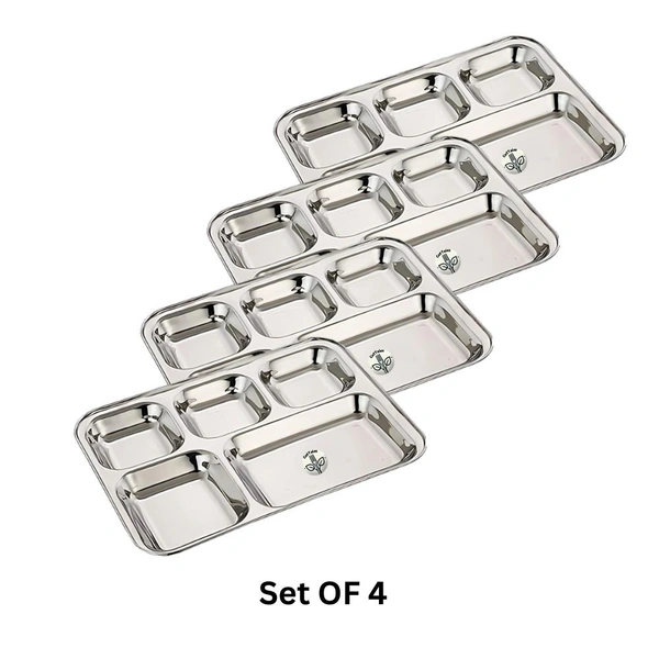 CutTales “CutTales” Premium Stainless Steel 5 Section Square Plate Set of 4, BPA Free Non-Toxic Plates, Dishwasher Safe Plates, - L-35 X W-25 X H-3, Silver, Pack Of 4