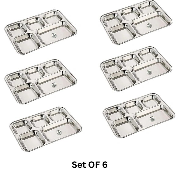 CutTales “CutTales” Premium Stainless Steel 5 Section Square Plate Set of 6, BPA Free Non-Toxic Plates, Dishwasher Safe Plates, - L-35 X W-25 X H-3, Silver, Set Of 6
