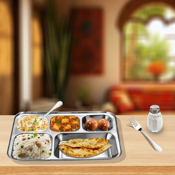 CutTales “CutTales” Premium Stainless Steel 5 Section Square Plate Set of 6, BPA Free Non-Toxic Plates, Dishwasher Safe Plates, - L-35 X W-25 X H-3, Silver, Set Of 6