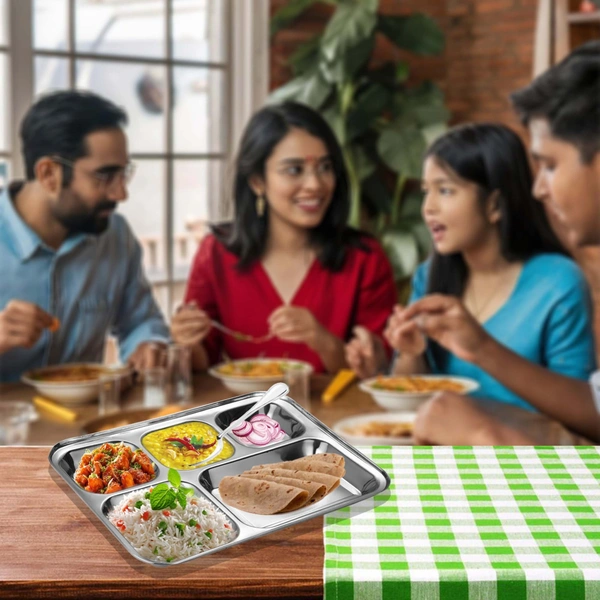 CutTales “CutTales” Premium Stainless Steel 5 Section Square Plate Set of 6, BPA Free Non-Toxic Plates, Dishwasher Safe Plates, - L-35 X W-25 X H-3, Silver, Set Of 6