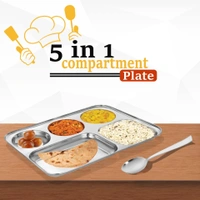 CutTales “CutTales” Premium Stainless Steel 5 Section Plate Set of 2, BPA Free Non-Toxic Plates, Dishwasher Safe Plates, - L-35 X W-25 X H-3, Silver, Pack Of 2