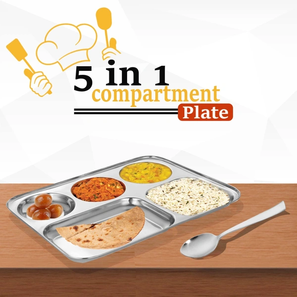 CutTales “CutTales” Premium Stainless Steel 5 Section Plate Set of 2, BPA Free Non-Toxic Plates, Dishwasher Safe Plates, - L-35 X W-25 X H-3, Silver, Pack Of 2
