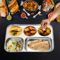 CutTales “CutTales” Premium Stainless Steel 5 Section Plate Set of 2, BPA Free Non-Toxic Plates, Dishwasher Safe Plates, - L-35 X W-25 X H-3, Silver, Pack Of 2