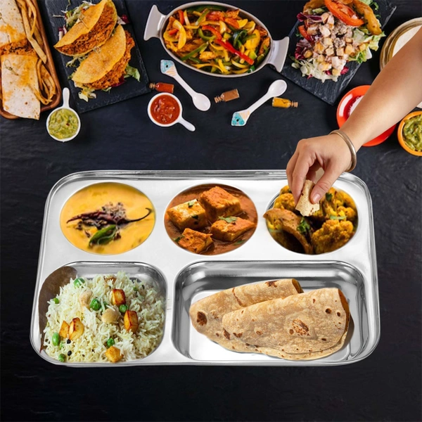 CutTales “CutTales” Premium Stainless Steel 5 Section Plate Set of 2, BPA Free Non-Toxic Plates, Dishwasher Safe Plates, - L-35 X W-25 X H-3, Silver, Pack Of 2